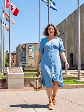 Light Blue V-Neck Midi Dress with Button Front
